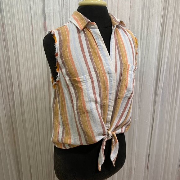 Anthropologie Cloth & Stone Women's Small Tie Front Striped Linen Button Down - Picture 2 of 13